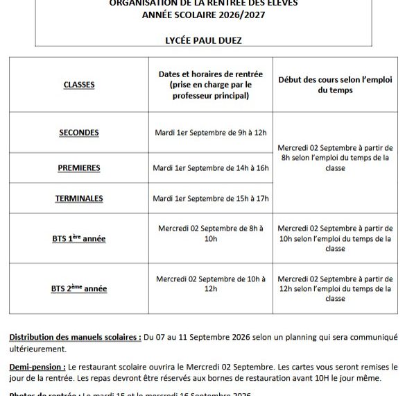 Rentrée des élèves 2026 – 2027 au lycée Paul Duez